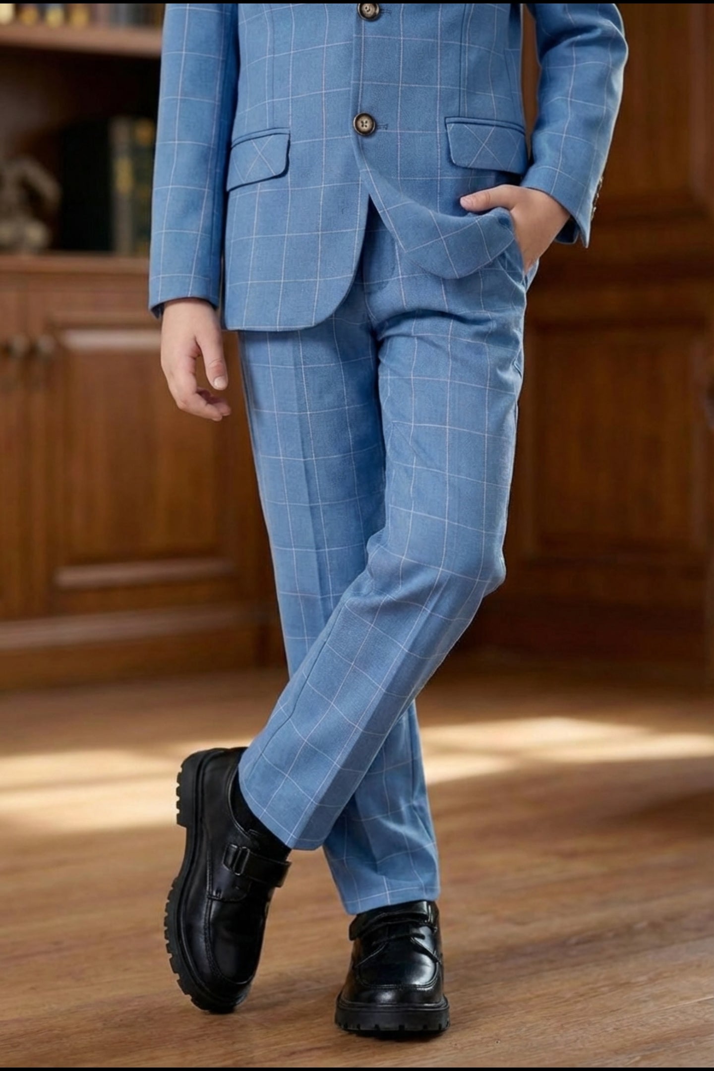 Boys Sky Blue Windowpane Check 3-Piece Suit for Weddings with Notch Lapel