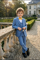Boys Sky Blue Windowpane Check 3-Piece Suit for Weddings with Notch Lapel