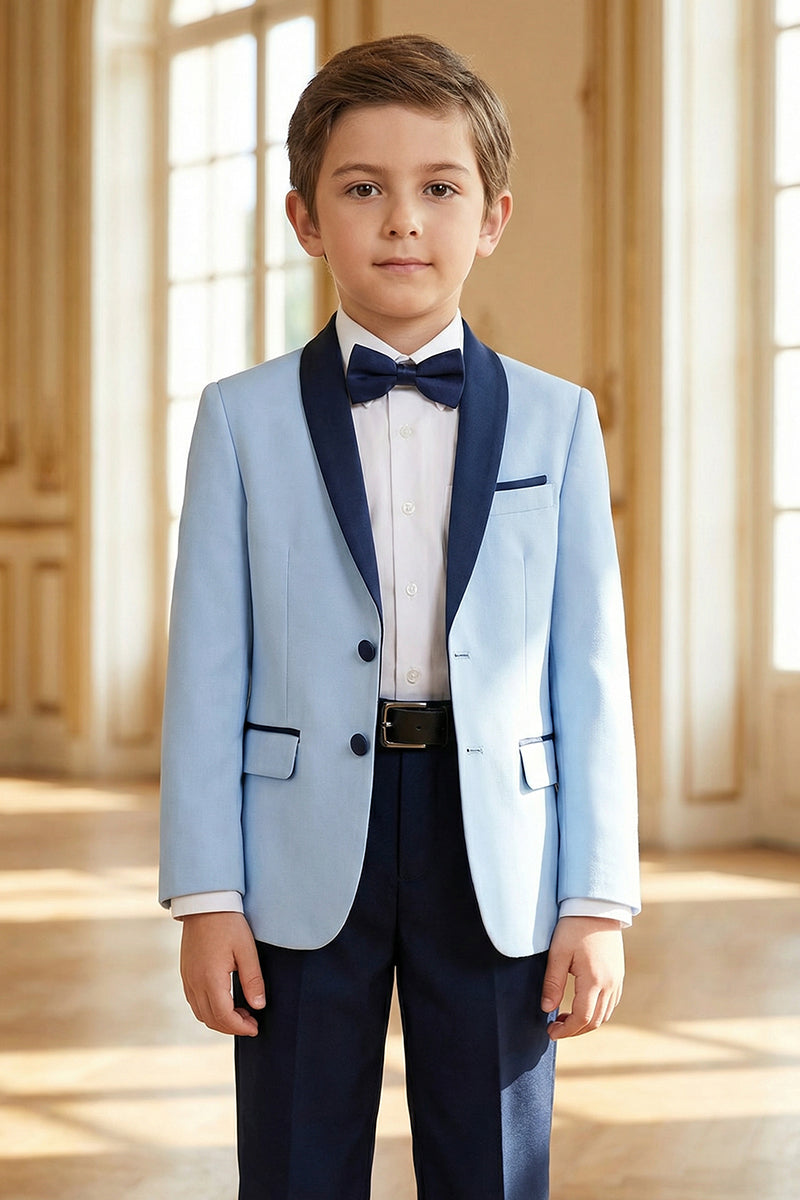 Boys Sky Blue Paired With Dark Blue Collared Trousers 2-Piece Suit