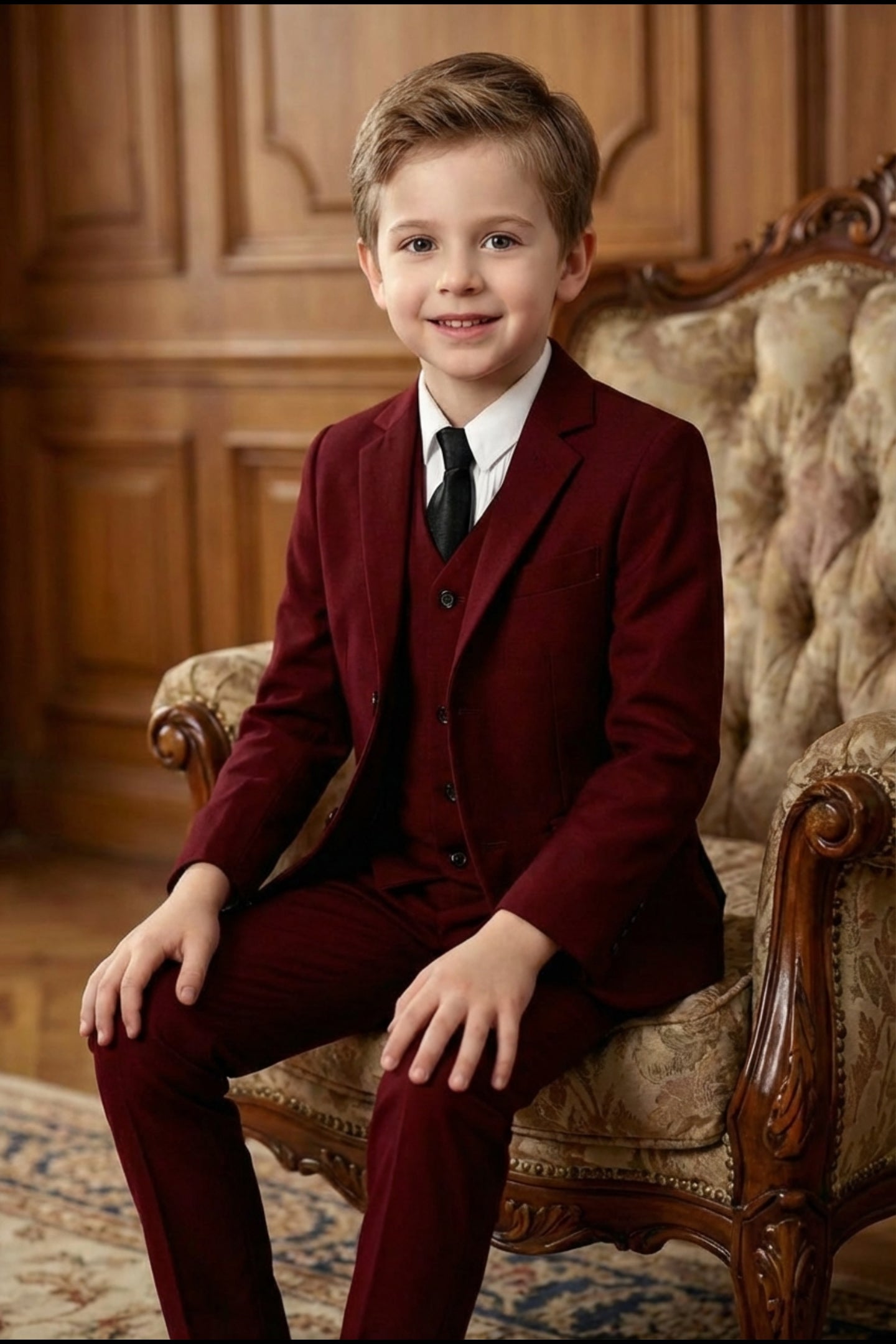 Boys Burgundy 3-Piece Suit for Weddings with Notch Lapel