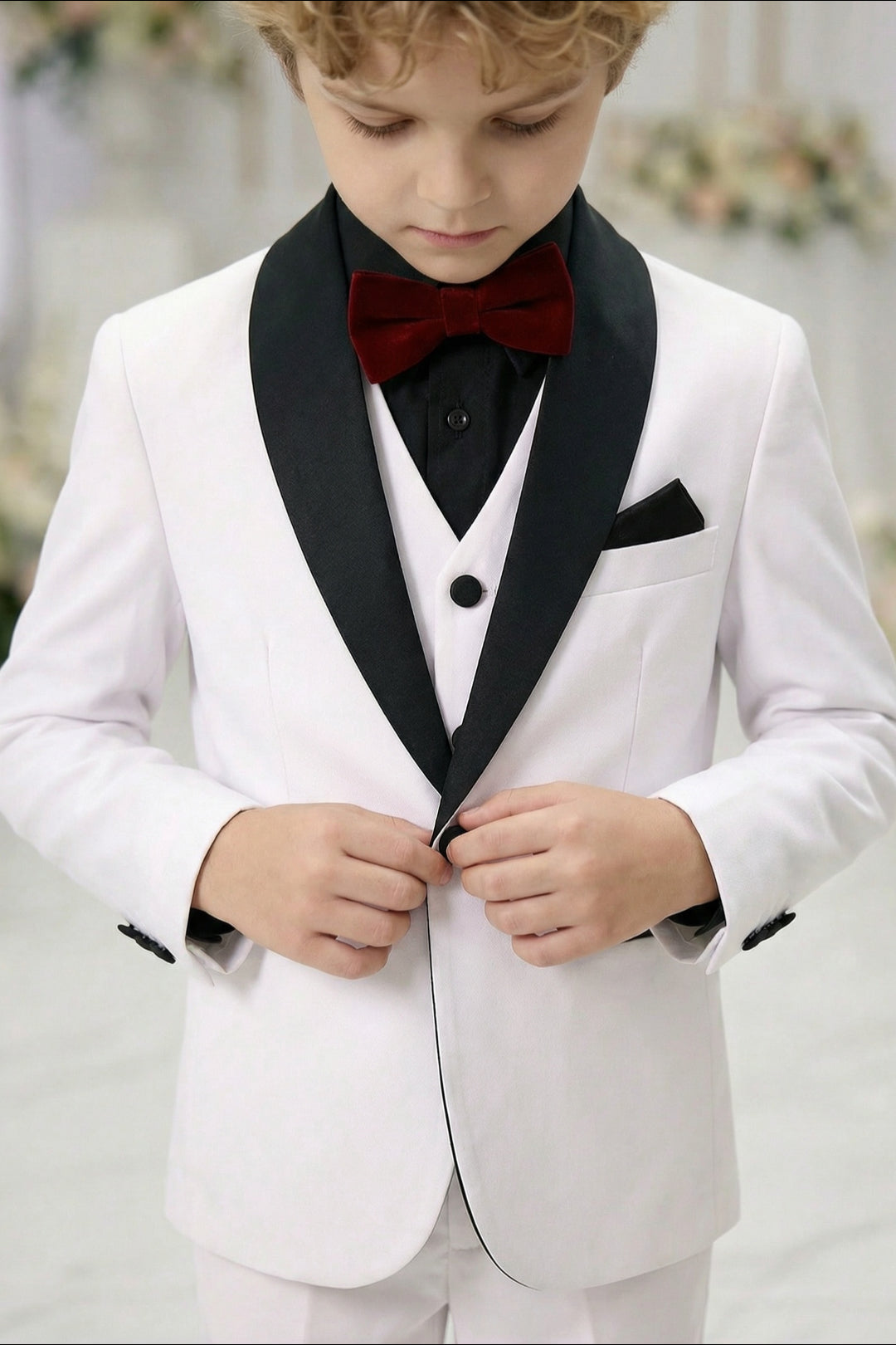 Boys White Tuxedo 3-Piece Suit with Black Satin Shawl Lapel