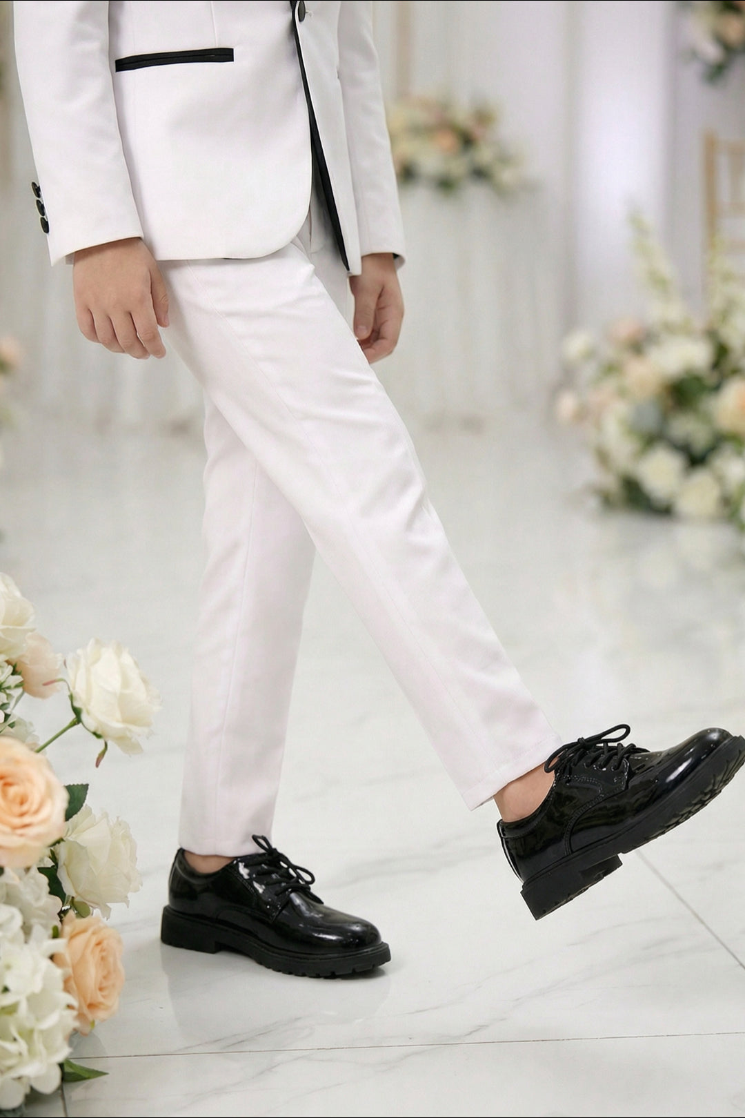 Boys White Tuxedo 3-Piece Suit with Black Satin Shawl Lapel