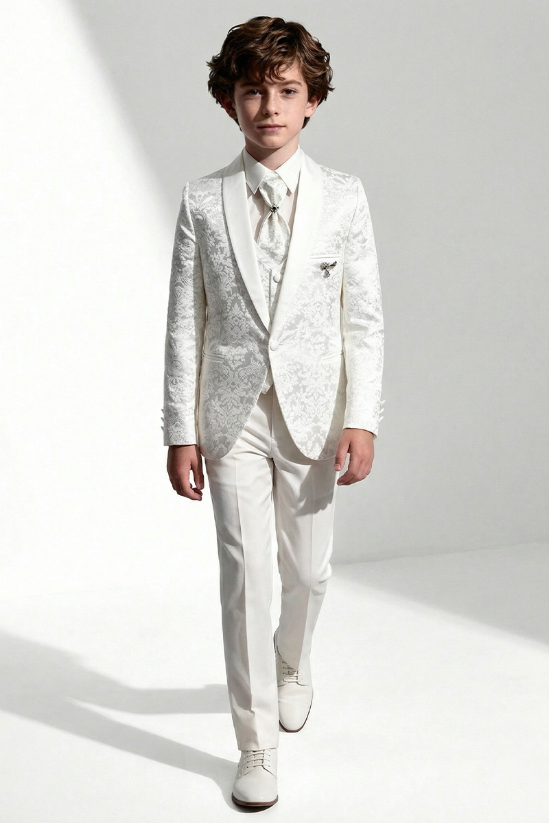 Boys Ivory Jacquard Tuxedo for Weddings with Shawl Lapel