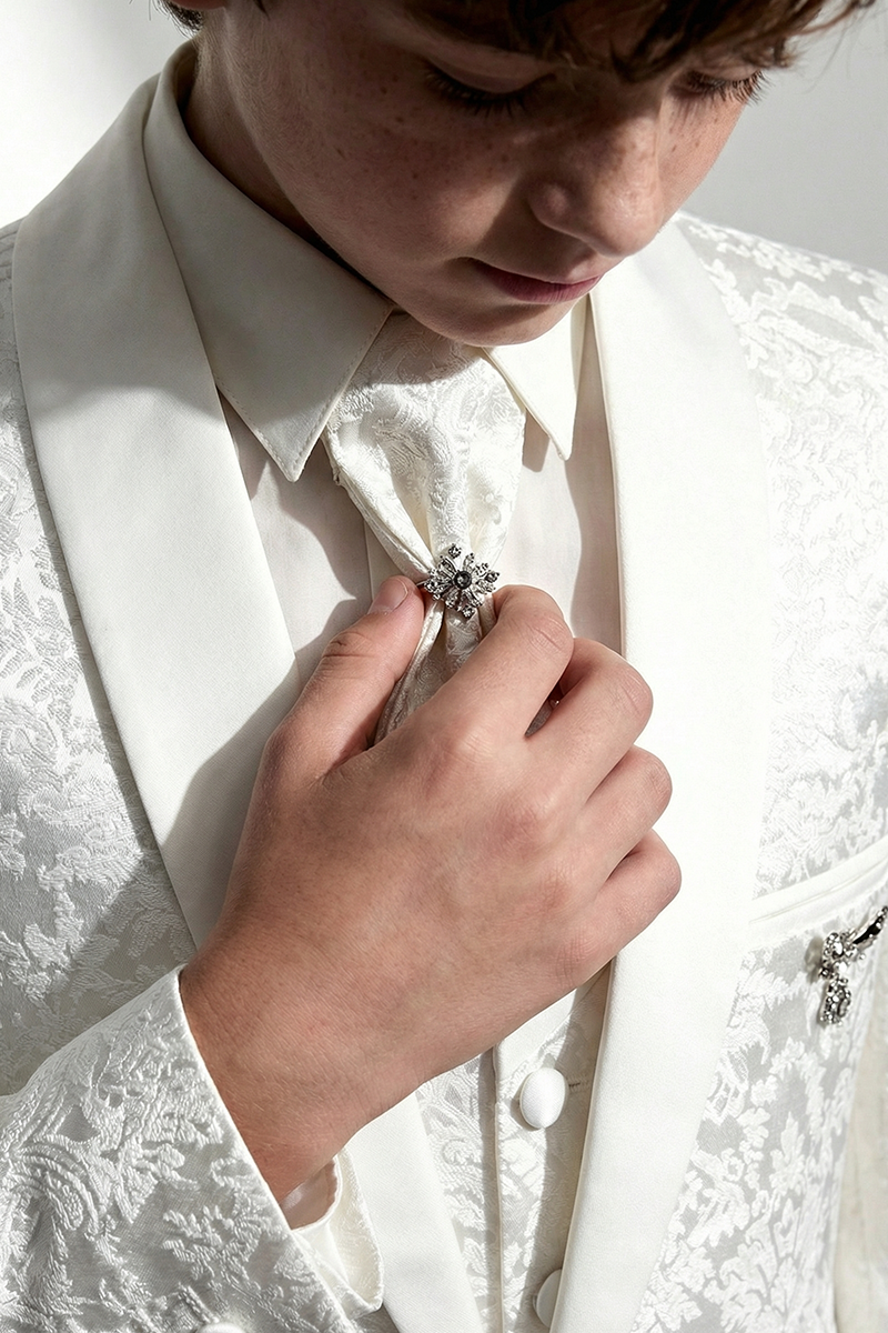 Boys Ivory Jacquard Tuxedo for Weddings with Shawl Lapel