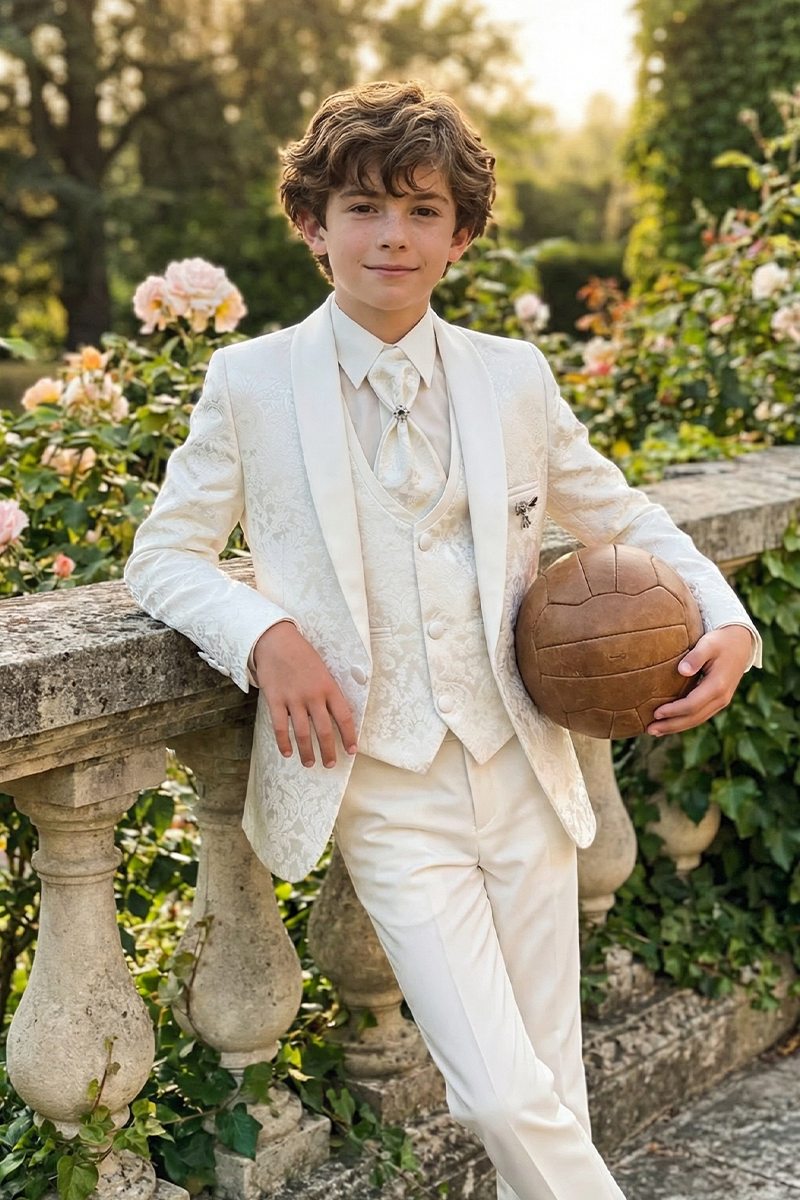 Boys Ivory Jacquard Tuxedo for Weddings with Shawl Lapel