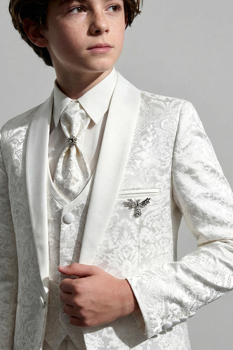 Boys Ivory Jacquard Tuxedo for Weddings with Shawl Lapel