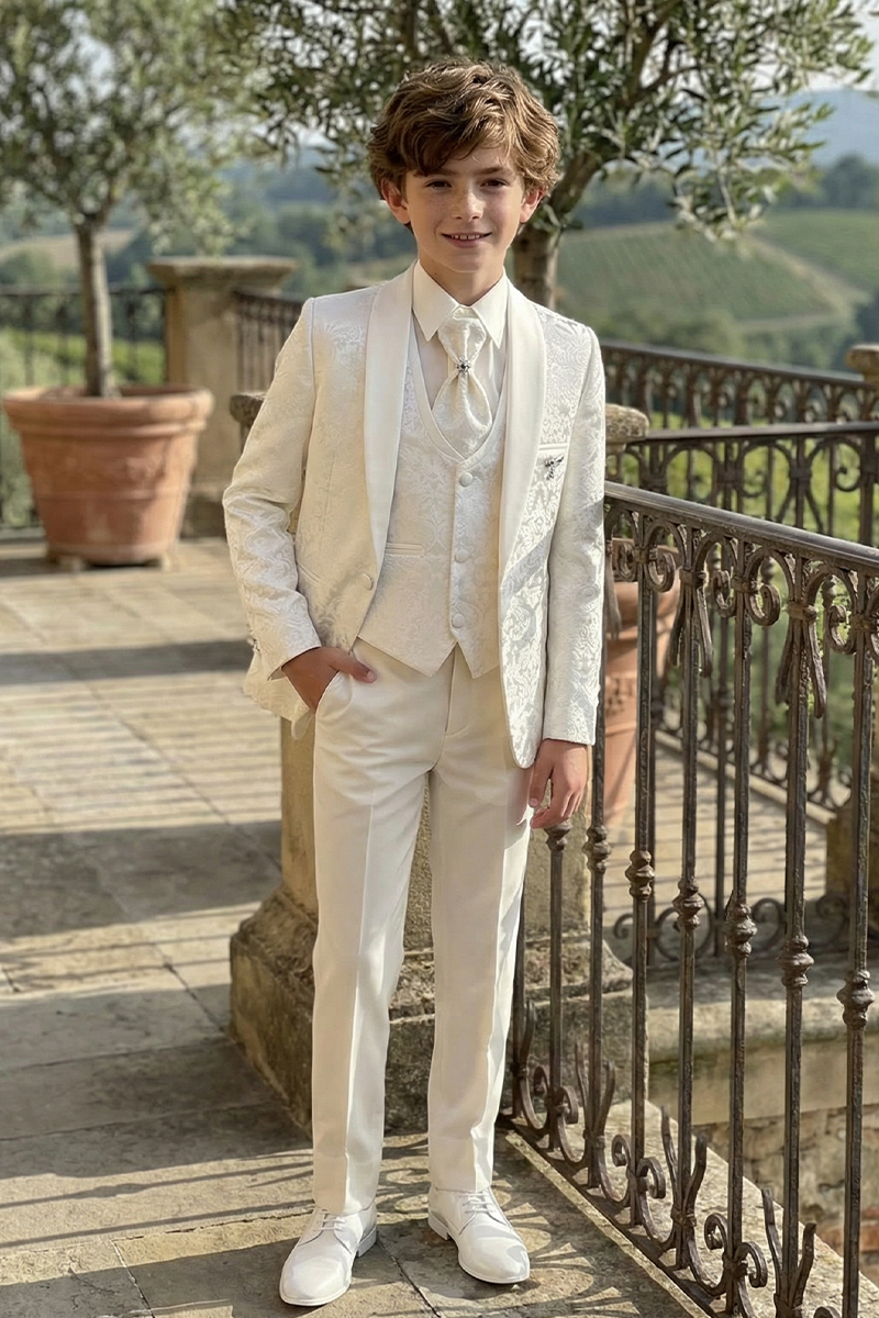 Boys Ivory Jacquard Tuxedo for Weddings with Shawl Lapel