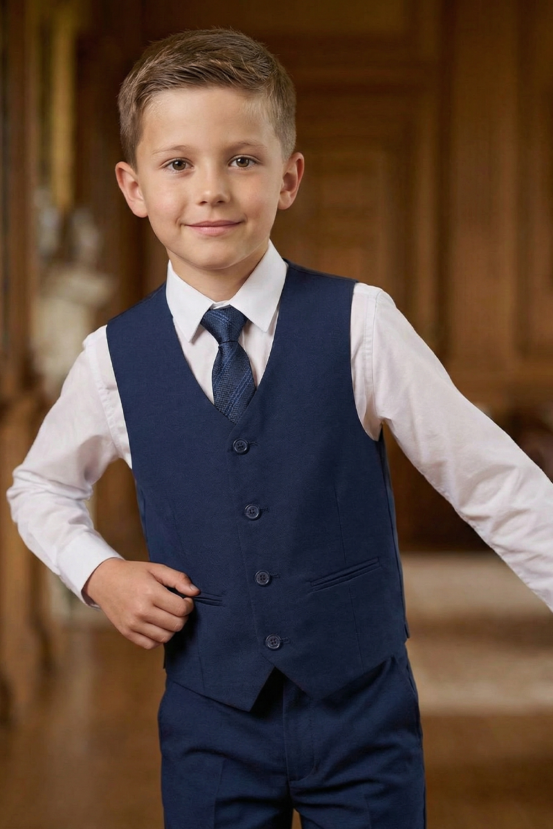 Boys Navy Blue Formal Suit for Weddings with Classic Vest 2-Piece Suit
