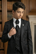 Load image into Gallery viewer, Boys Black Jacquard Tuxedo for Weddings with Shawl Collar 3-Piece Suit
