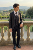 Load image into Gallery viewer, Boys Black Jacquard Tuxedo for Weddings with Shawl Collar 3-Piece Suit
