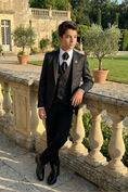 Load image into Gallery viewer, Boys Black Jacquard Tuxedo for Weddings with Shawl Collar 3-Piece Suit
