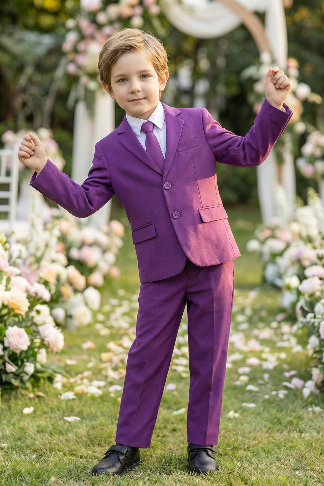 Boys Vibrant Purple 3-Piece Suit for Weddings with Notch Lapel