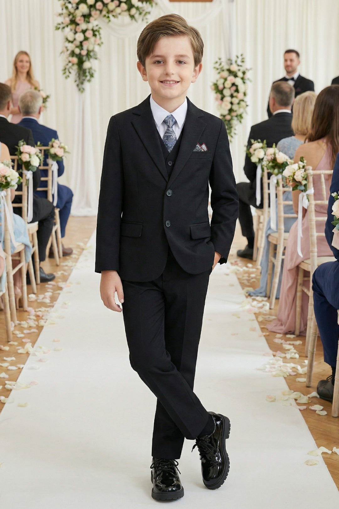Boys Classic Black 3-Piece Suit for Weddings with Notch Lapel