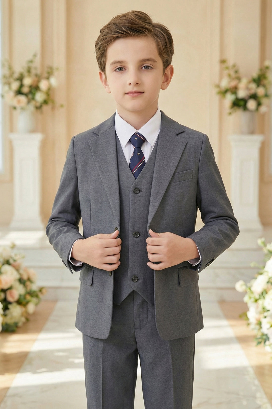 Boys Classic Grey 3-Piece Suit for Weddings with Notch Lapel