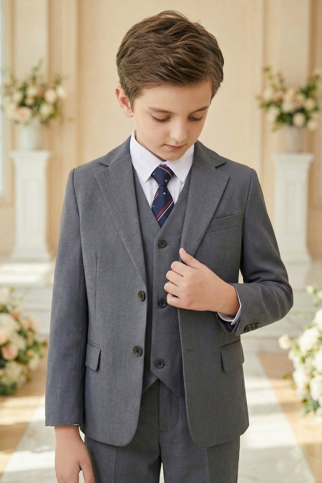 Boys Classic Grey 3-Piece Suit for Weddings with Notch Lapel