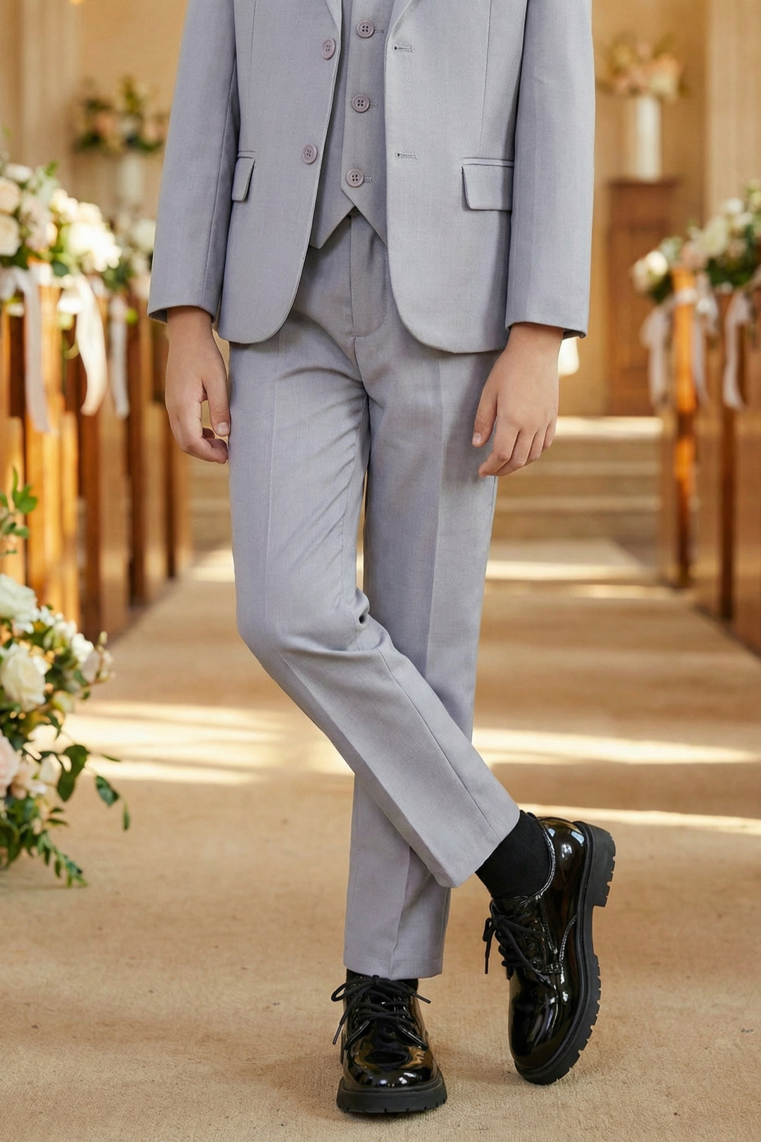 Boys Light Grey 3-Piece Suit for Weddings with Notch Lapel