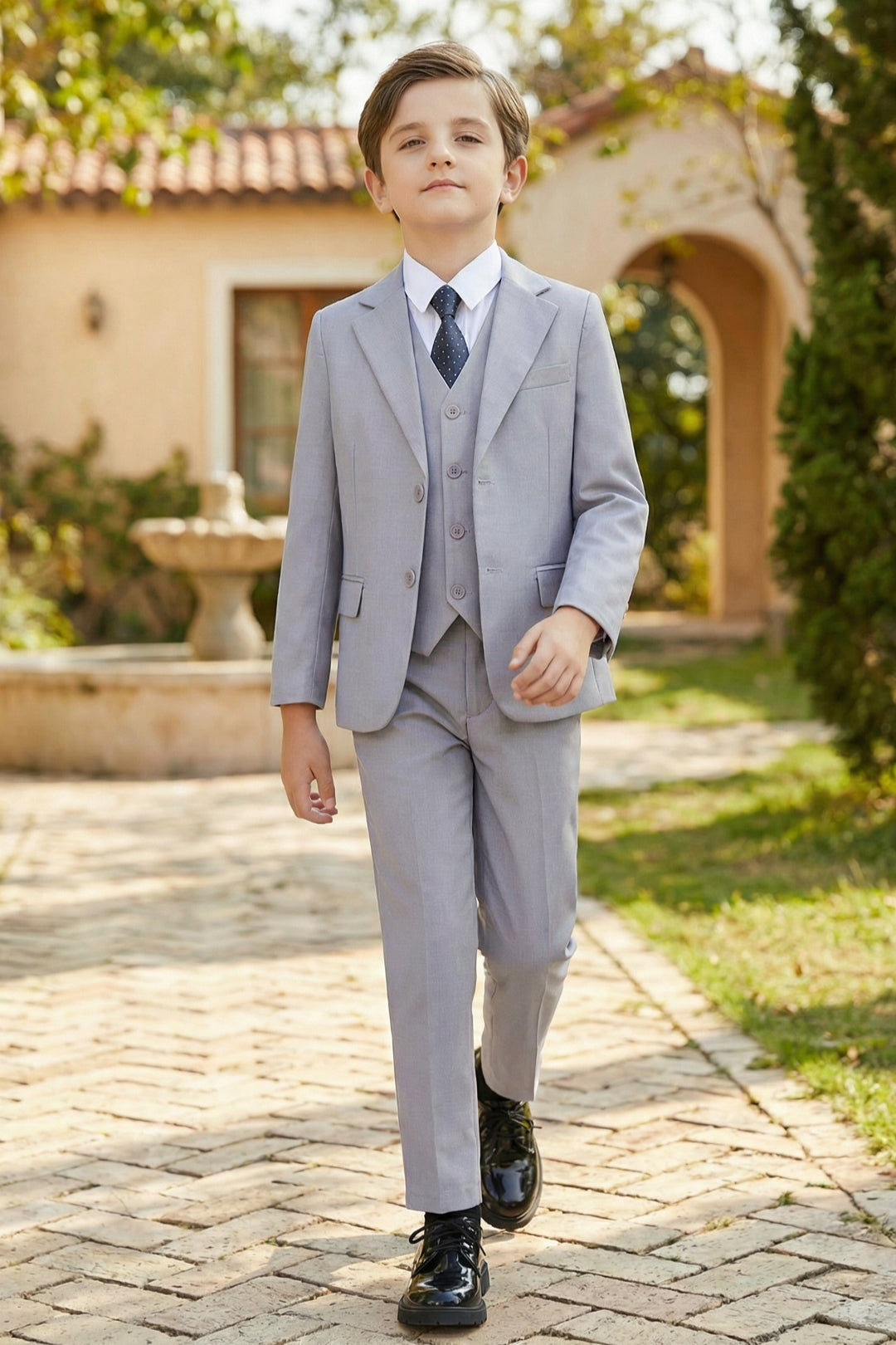 Boys Light Grey 3-Piece Suit for Weddings with Notch Lapel