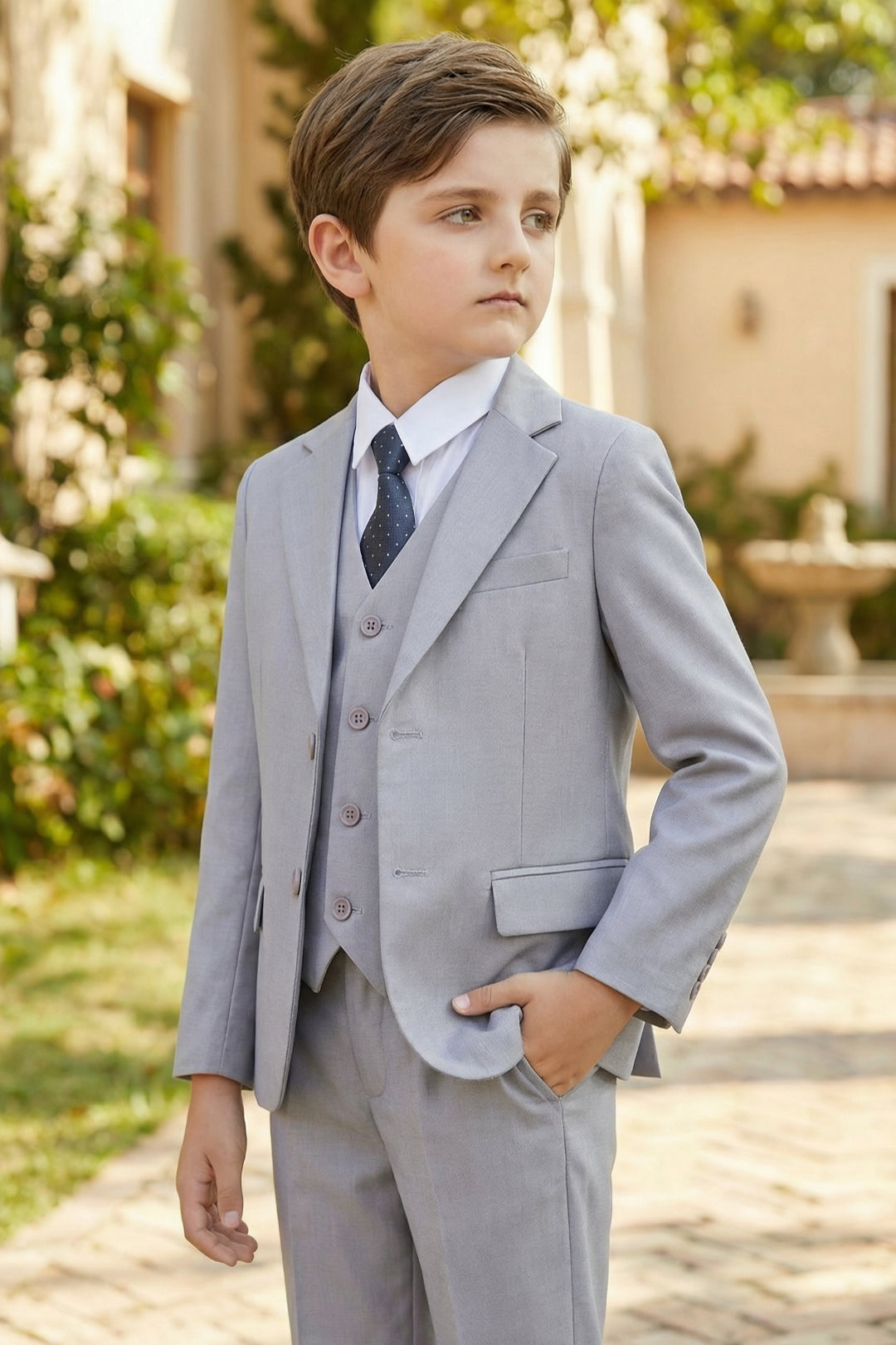 Boys Light Grey 3-Piece Suit for Weddings with Notch Lapel