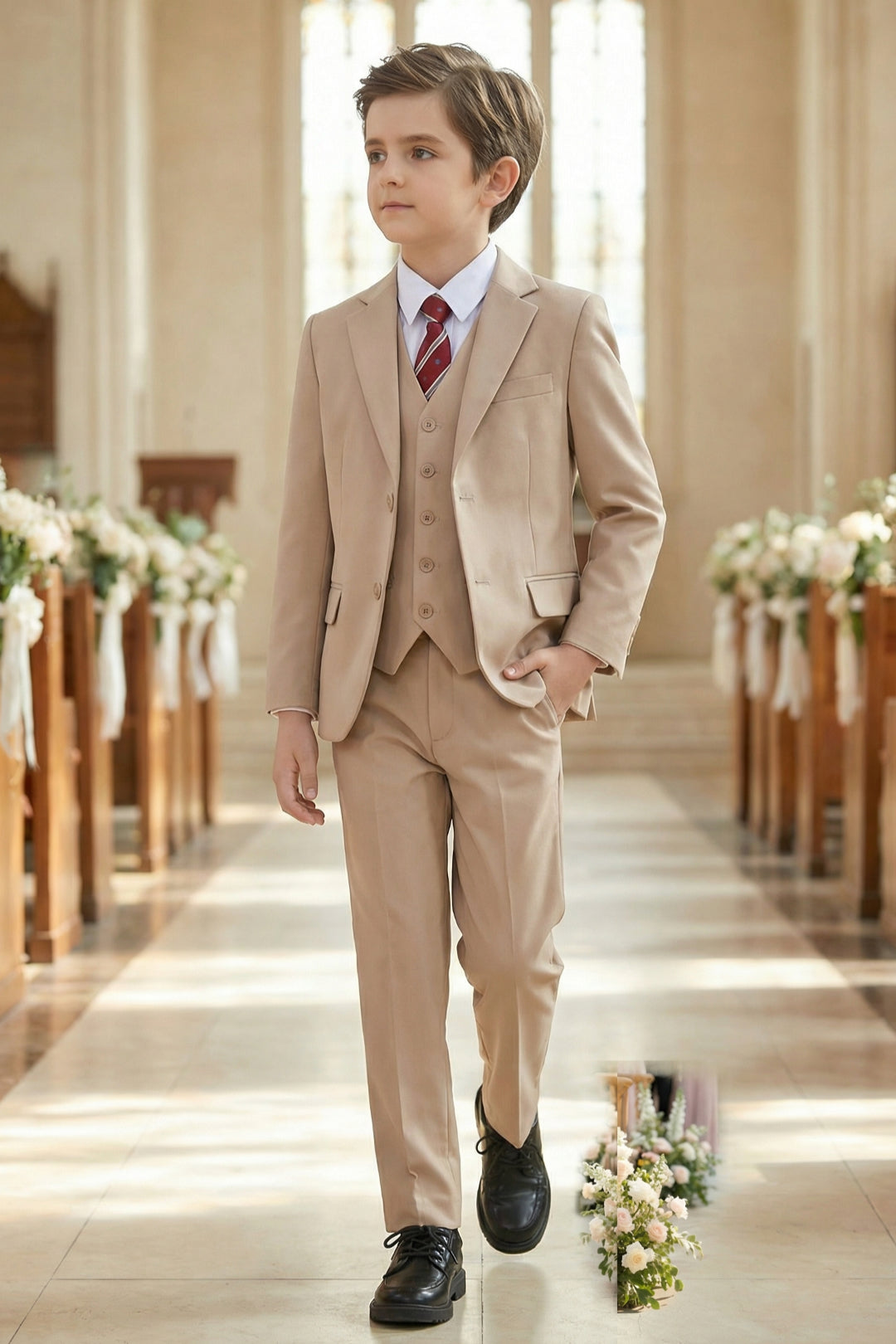 Boys Warm Beige 3-Piece Suit for Weddings with Notch Lapel