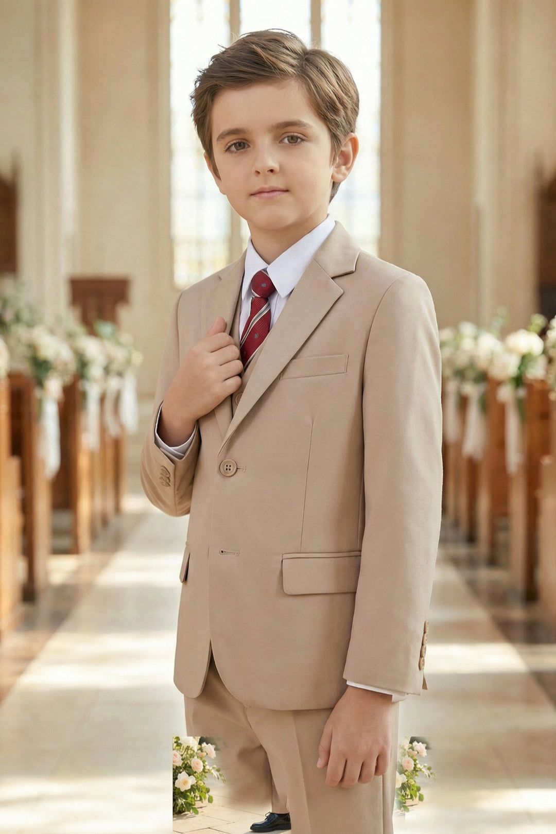 Boys Warm Beige 3-Piece Suit for Weddings with Notch Lapel