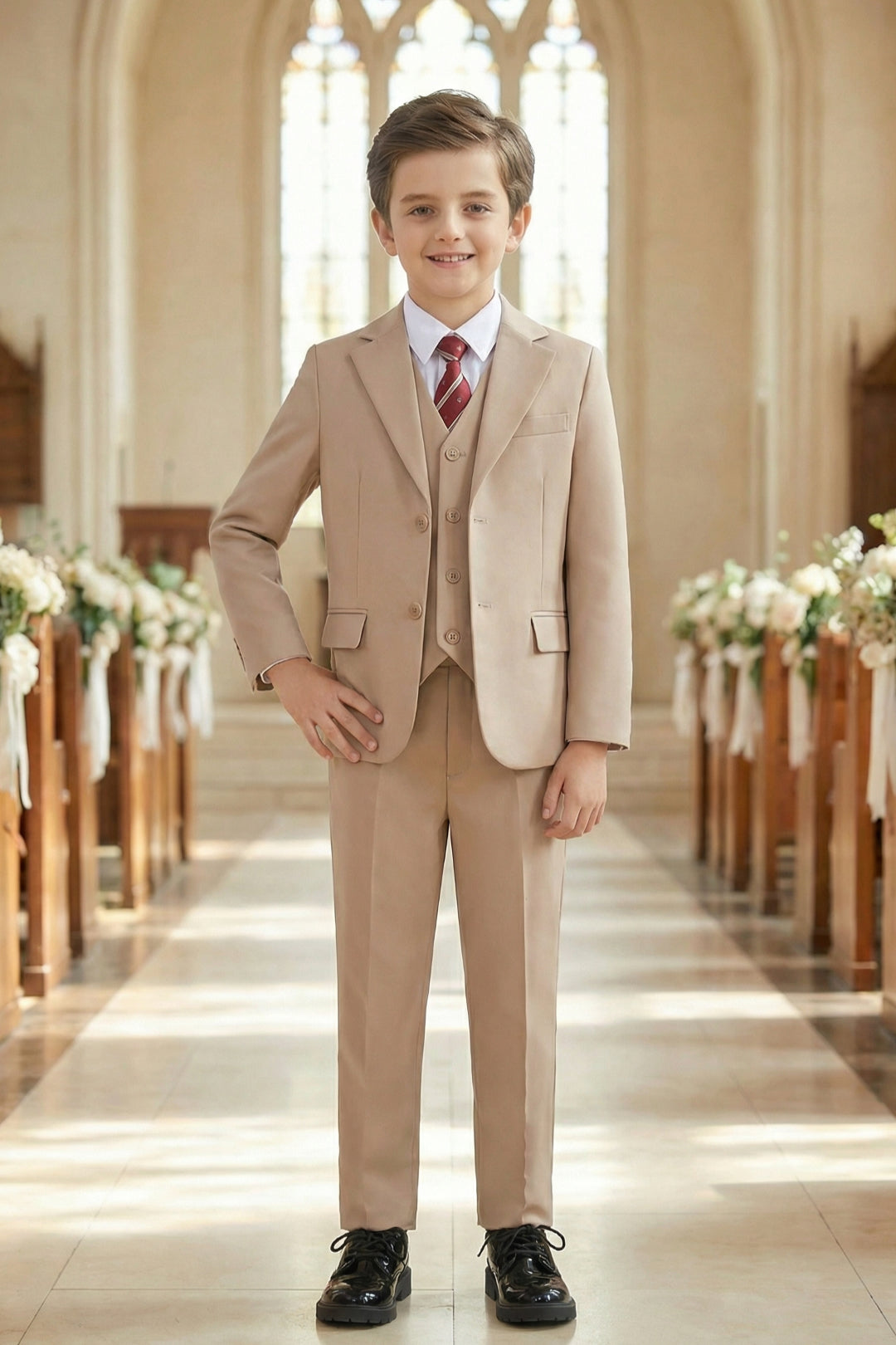 Boys Warm Beige 3-Piece Suit for Weddings with Notch Lapel