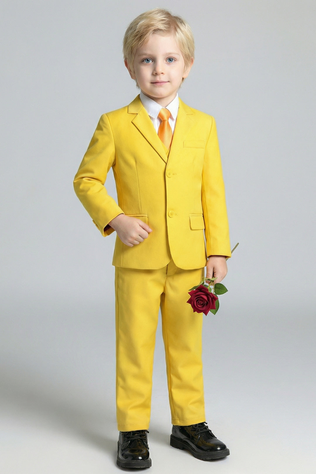 Boys Vibrant Yellow 3-Piece Suit for Weddings with Notch Lapel