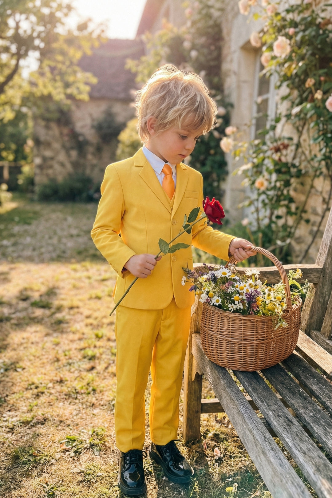 Boys Vibrant Yellow 3-Piece Suit for Weddings with Notch Lapel