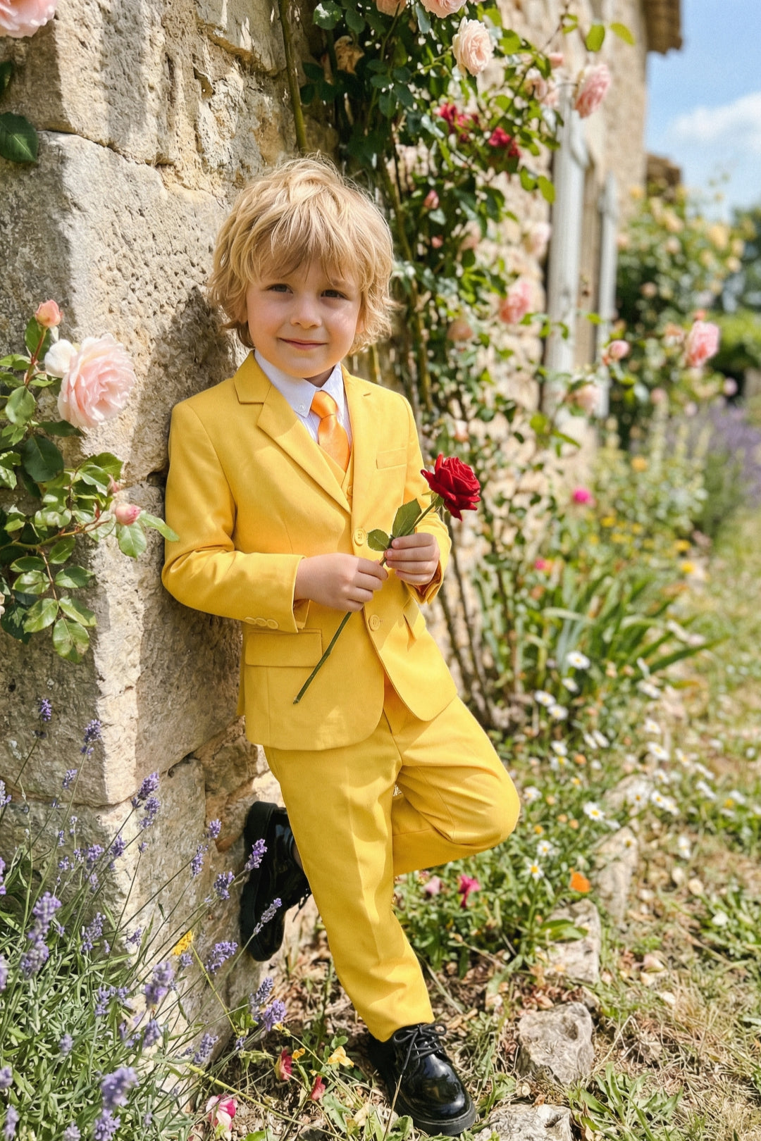 Boys Vibrant Yellow 3-Piece Suit for Weddings with Notch Lapel