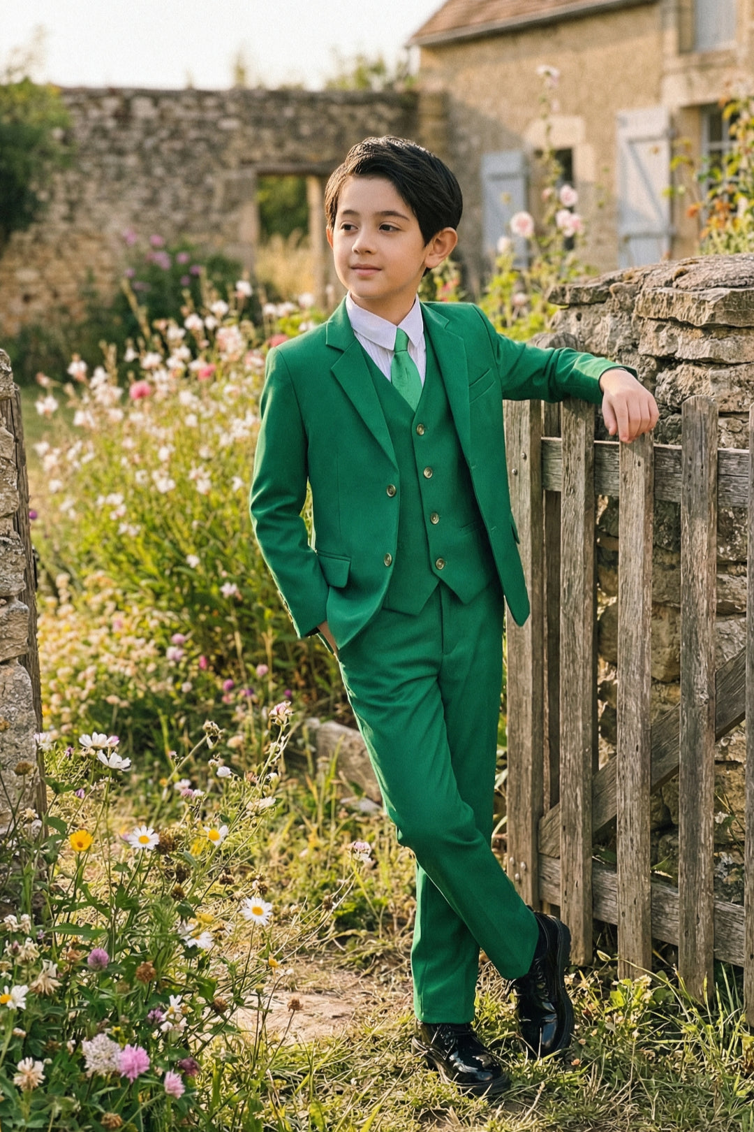 Boys Fresh Green 3-Piece Suit for Weddings with Notch Lapel