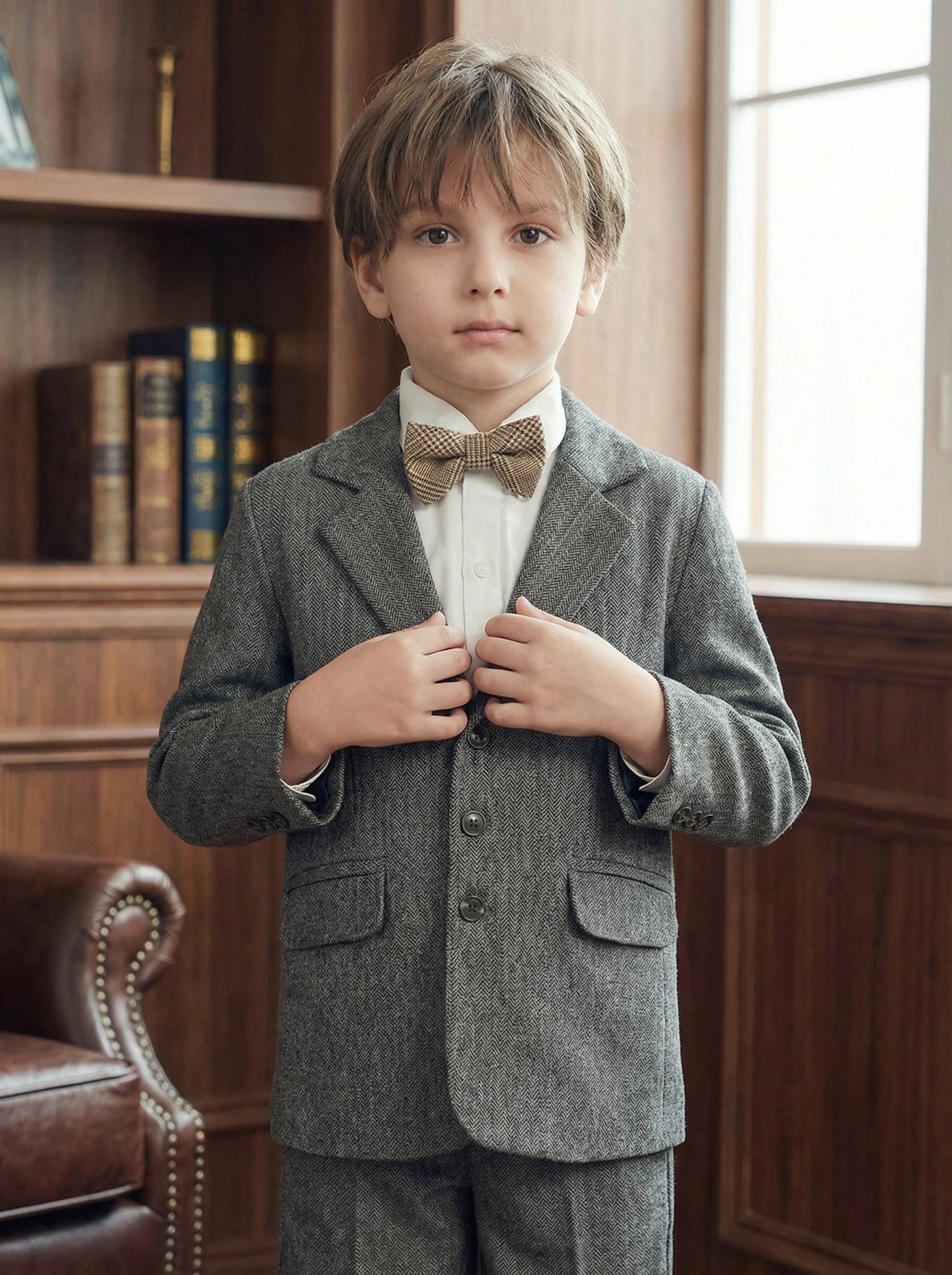 Boys Gray Herringbone Single-breasted 2-piece Suit