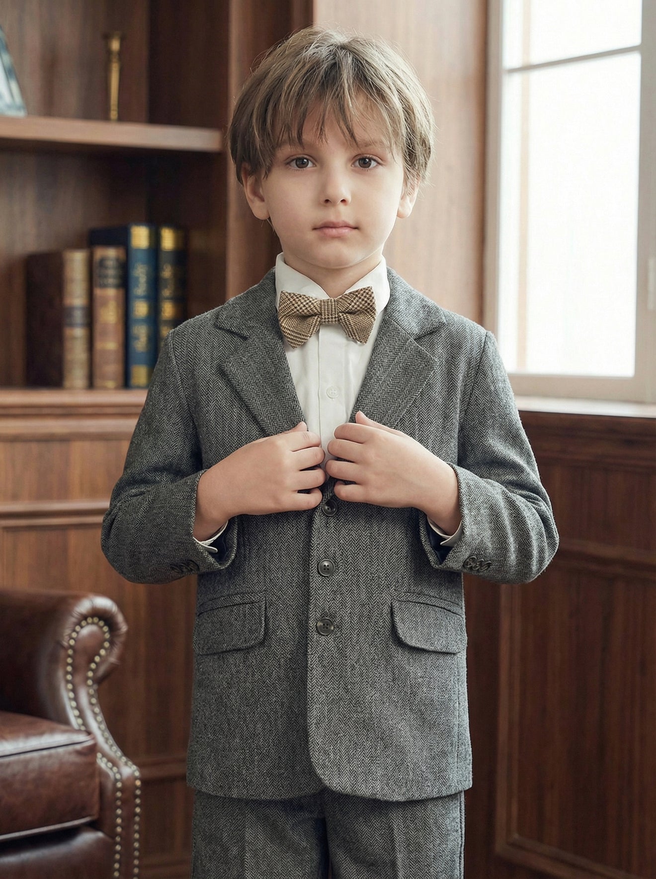 Boys Gray Herringbone Single-breasted 2-piece Suit
