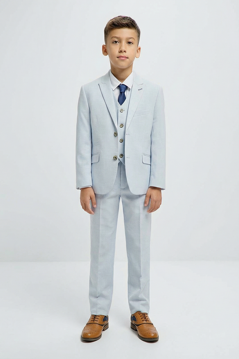 Boys Light Blue Textured 3-Piece Suit for Weddings & Formal Occasions