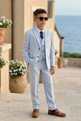 Load image into Gallery viewer, Boys Light Blue Textured 3-Piece Suit for Weddings & Formal Occasions
