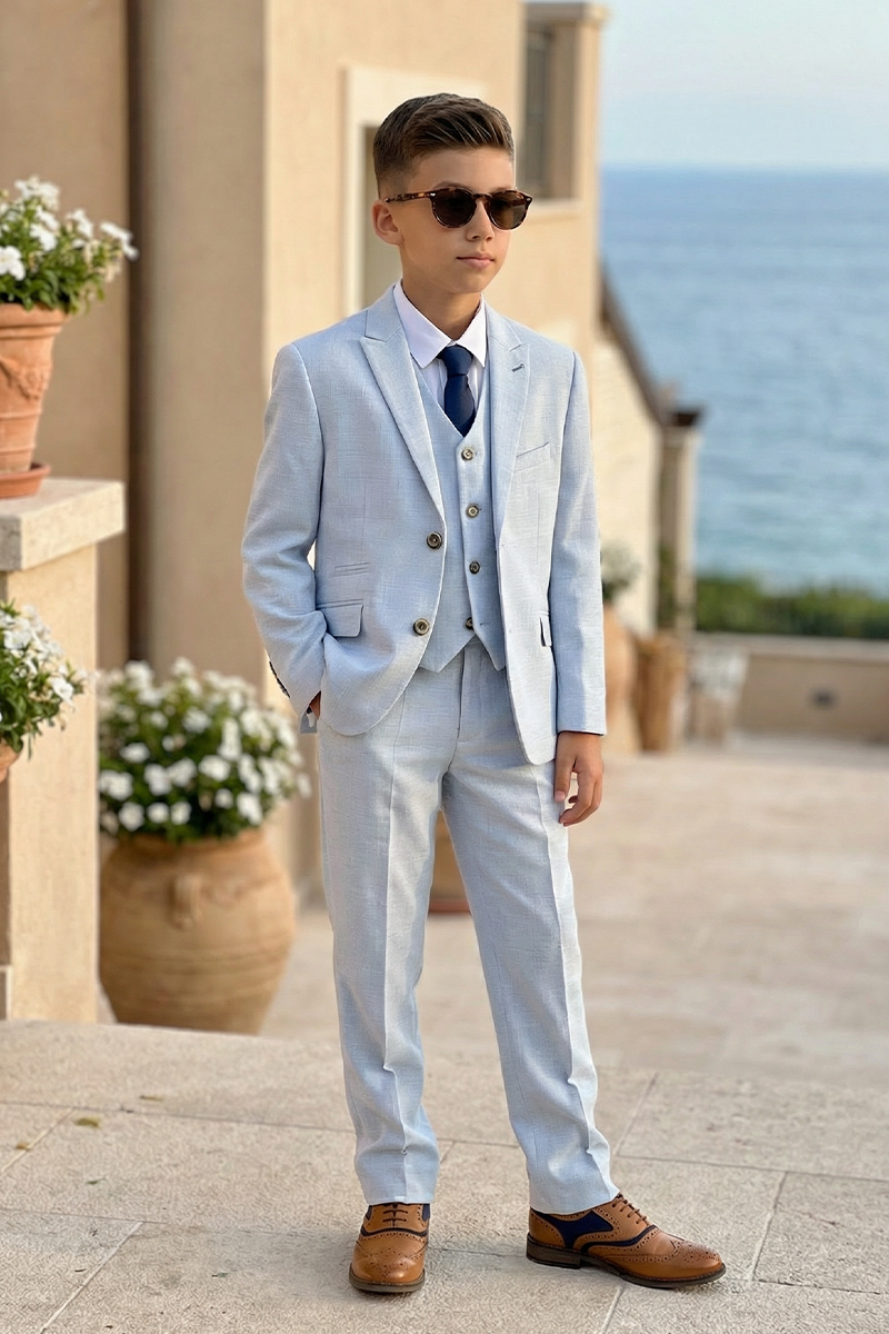 Boys Light Blue Textured 3-Piece Suit for Weddings & Formal Occasions