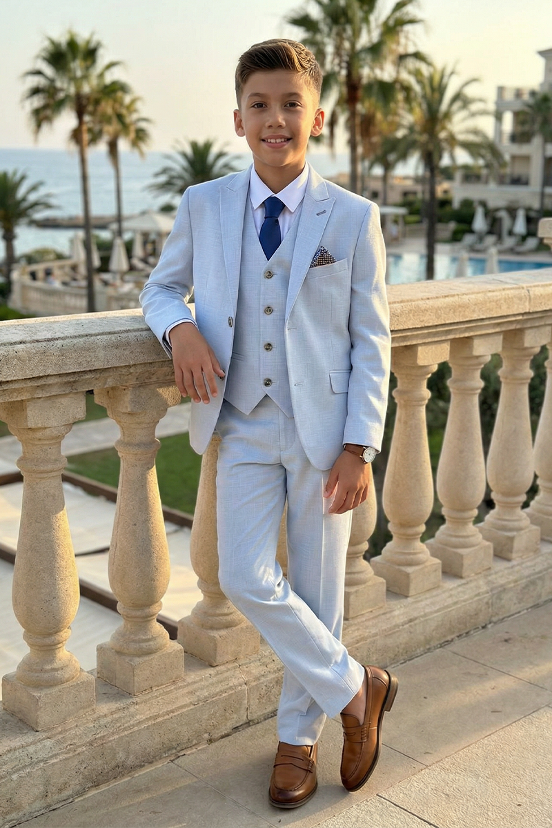 Boys Light Blue Textured 3-Piece Suit for Weddings & Formal Occasions