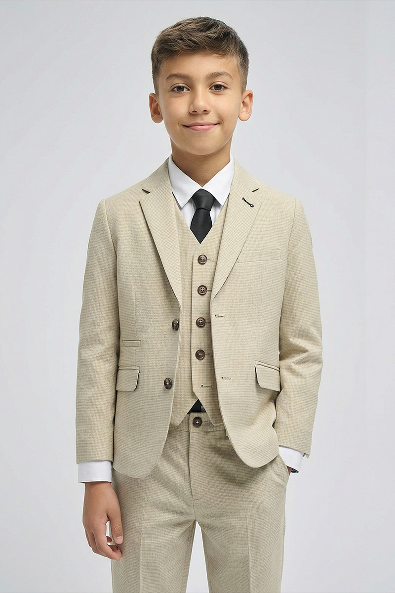 Boys Beige Textured 3-Piece Suit for Weddings & Formal Occasions