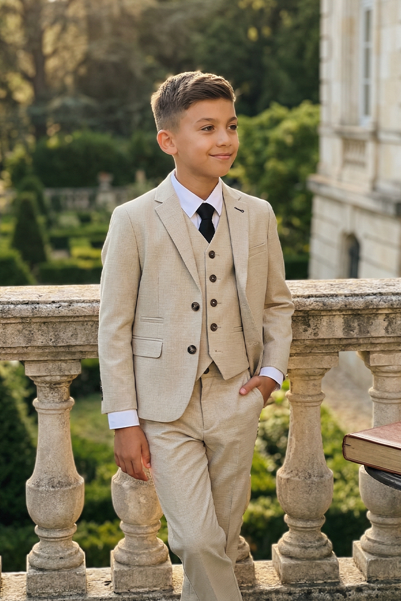 Boys Beige Textured 3-Piece Suit for Weddings & Formal Occasions