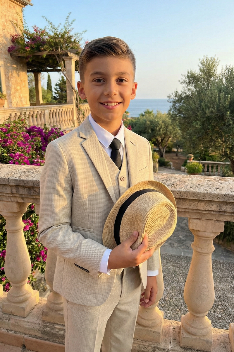 Boys Beige Textured 3-Piece Suit for Weddings & Formal Occasions