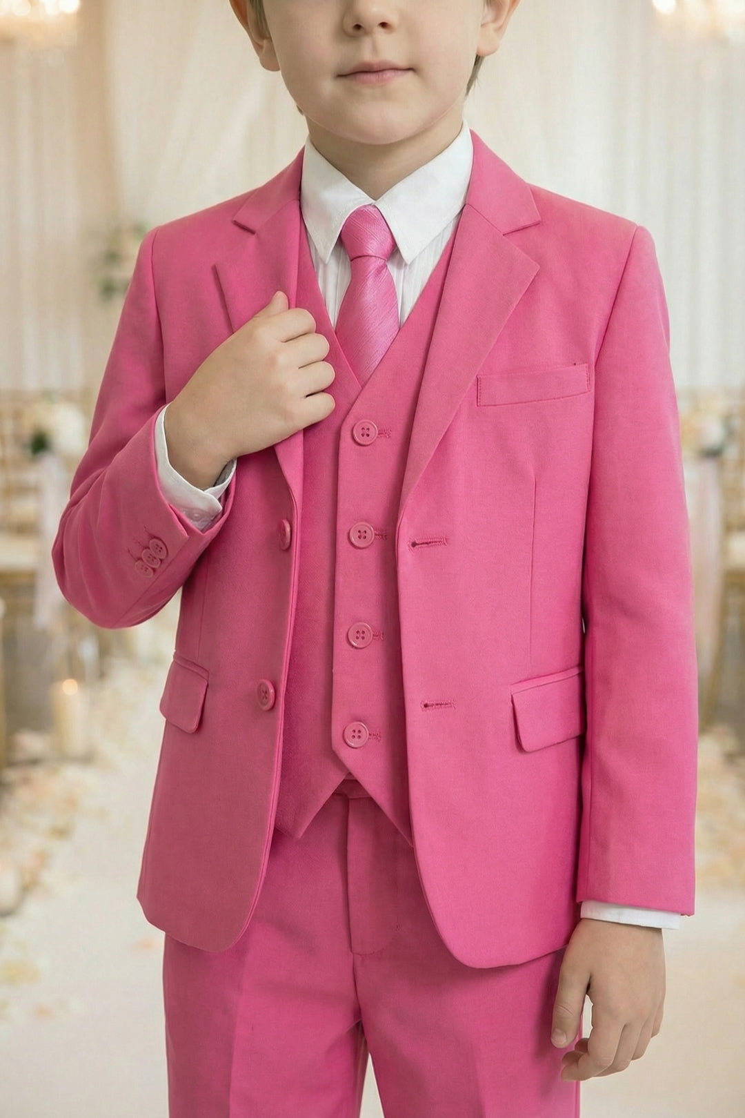Boys Bright Pink 3-Piece Suit for Weddings with Notch Lapel