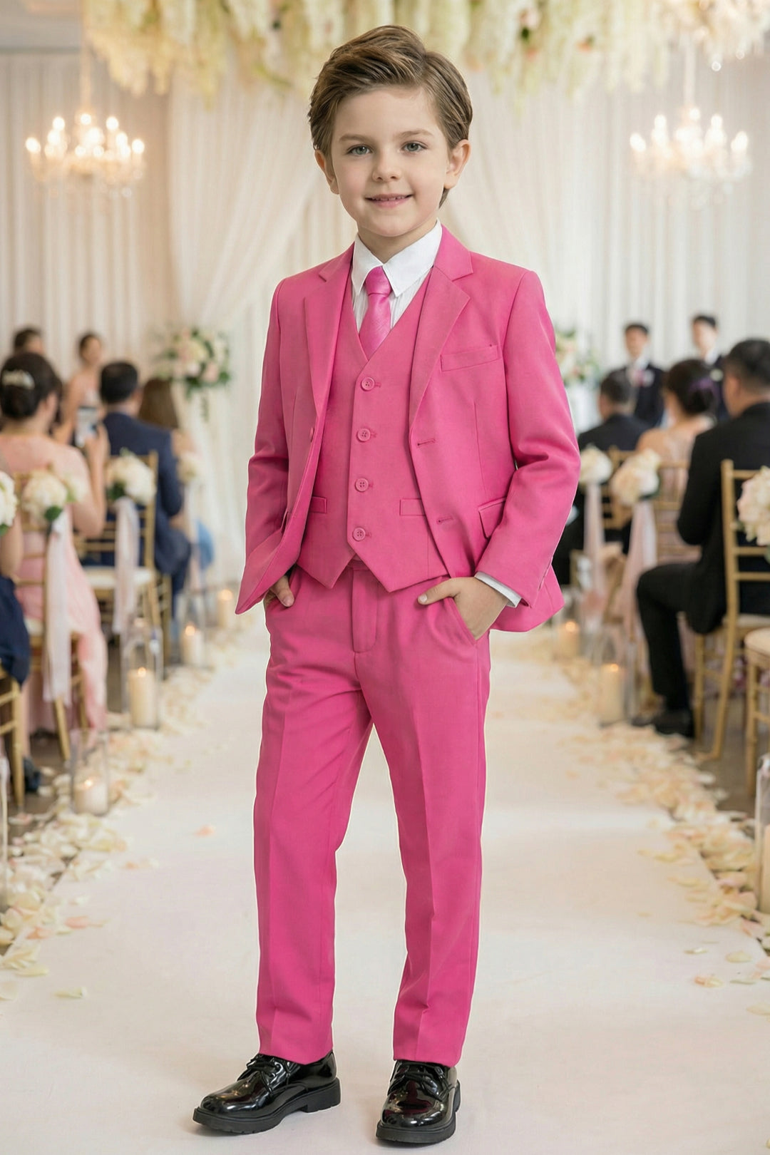 Boys Bright Pink 3-Piece Suit for Weddings with Notch Lapel