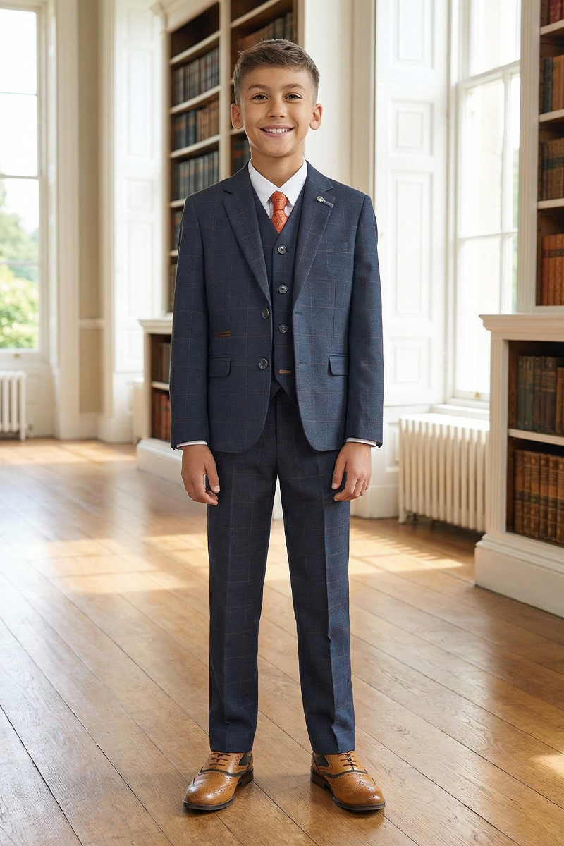 Boys Navy Plaid 3-Piece Suit for Weddings & Formal Gatherings