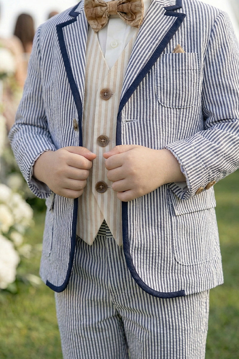 Boys Blue-gray Stripes Seersucker Single-breasted 2-piece Suit