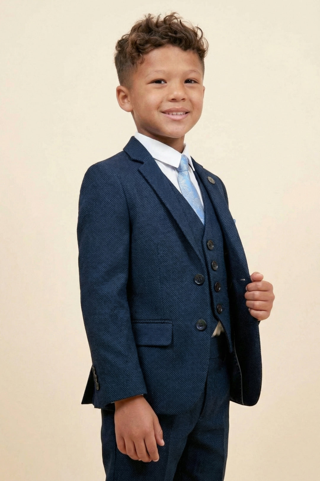 Boys Textured Navy Blue 3-Piece Suit for Weddings with Notch Lapel