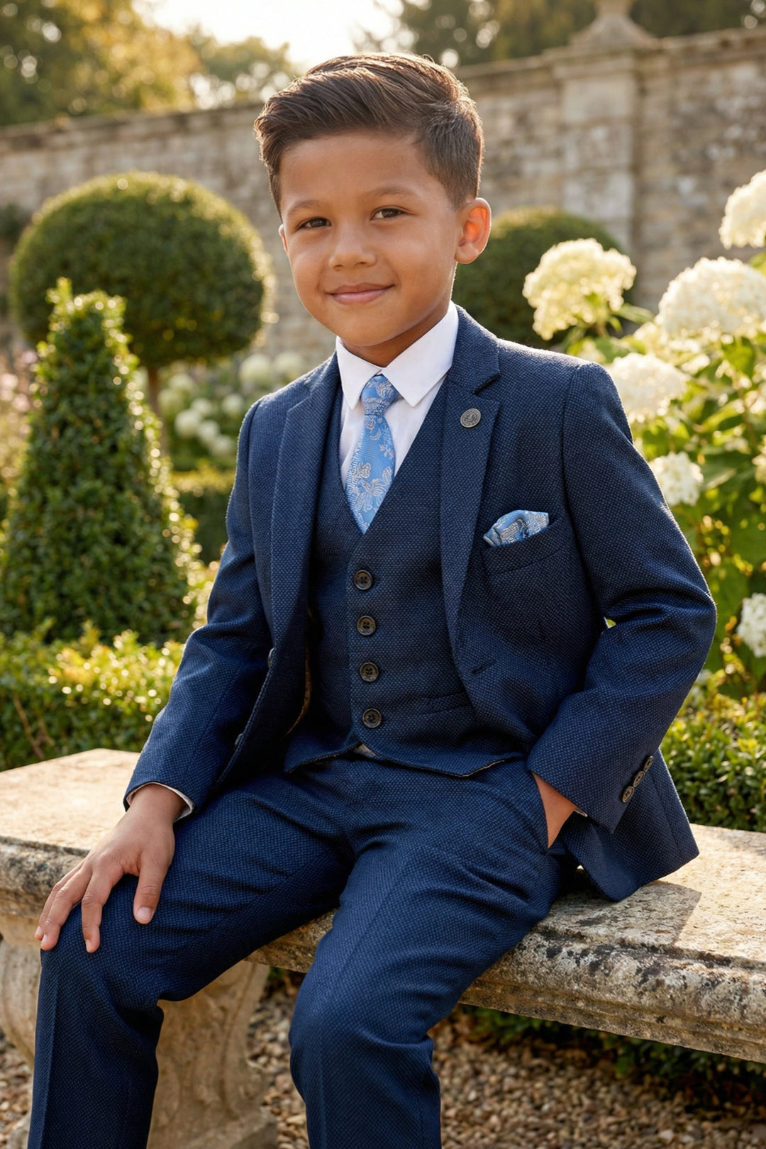 Boys Textured Navy Blue 3-Piece Suit for Weddings with Notch Lapel