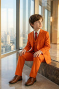 Load image into Gallery viewer, Boys Vibrant Orange 3-Piece Suit for Weddings with Notch Lapel
