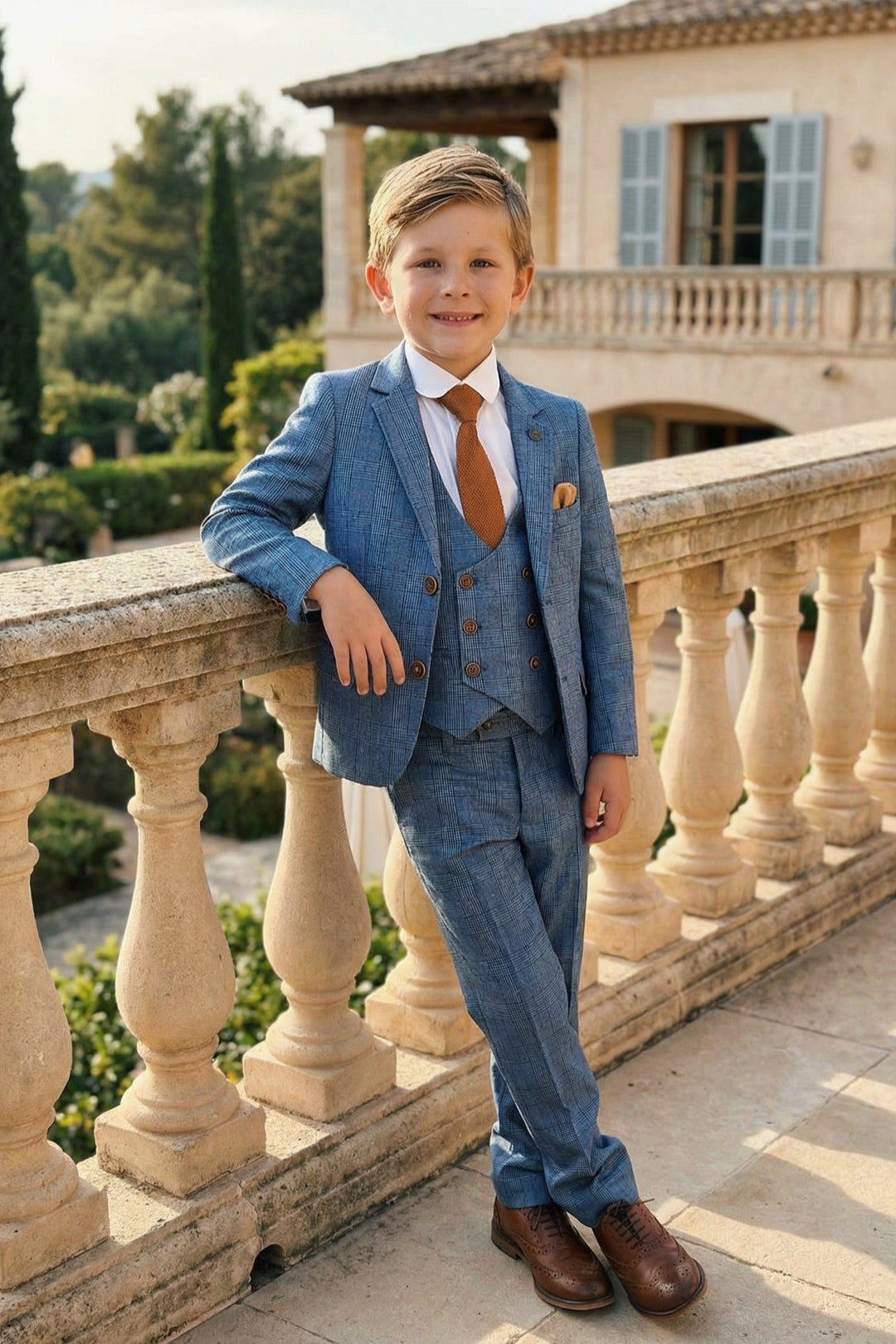 Boys Light Blue Checked 3-Piece Suit for Weddings with Notch Lapel