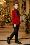 Load image into Gallery viewer, Boys Red Velvet Tuxedo 2-Piece Set with Black Satin Shawl Lapel
