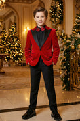 Load image into Gallery viewer, Boys Red Velvet Tuxedo 2-Piece Set with Black Satin Shawl Lapel
