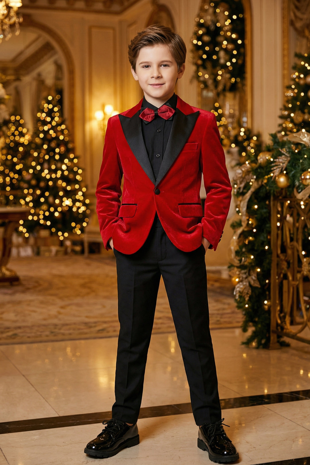 Boys Red Velvet Tuxedo 2-Piece Set with Black Satin Shawl Lapel