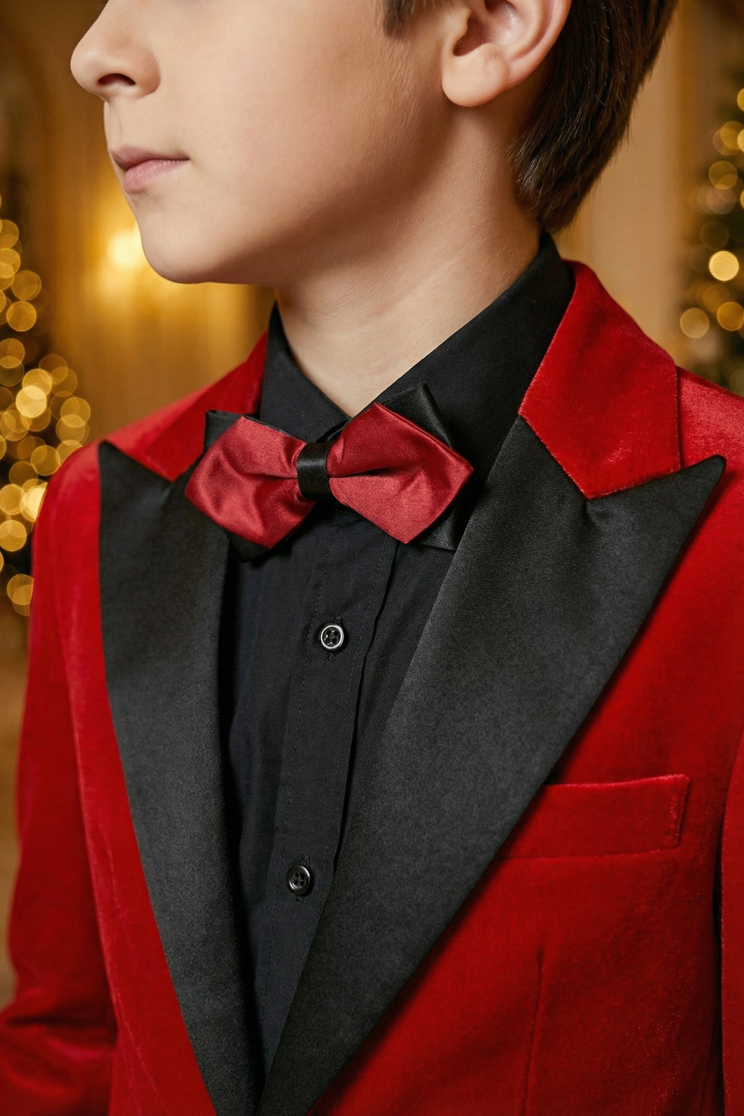 Boys Red Velvet Tuxedo 2-Piece Set with Black Satin Shawl Lapel